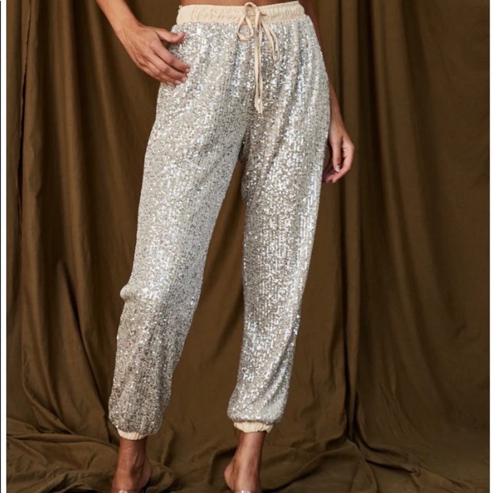 12th Tribe dusk till dawn sequin cream joggers